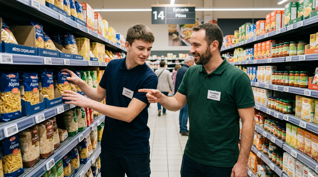 Jeune apprenti en grande distribution accompagné par son tuteur en rayon, illustrant l’alternance en entreprise avec Formavenir et Recrutement.