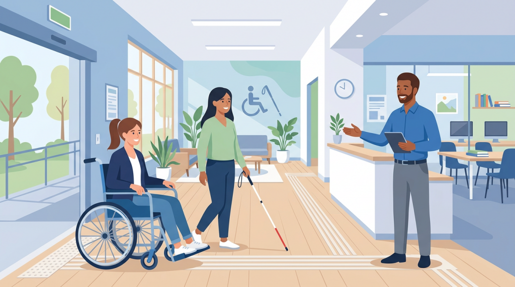 Illustration de l’accessibilité au centre de formation Formavenir et Recrutement, avec un formateur accueillant des personnes en situation de handicap dans des locaux adaptés.