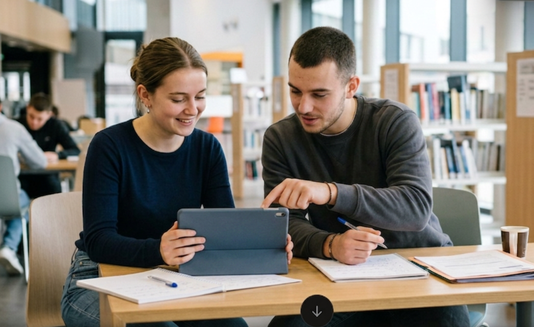 un formateur qui aide une apprenante lors d'un cours au centre de formation d'apprentis
