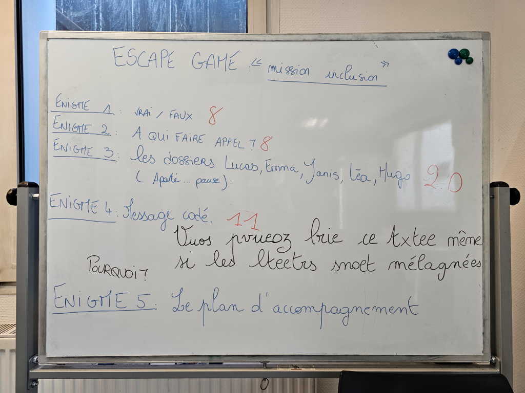 Tableau d'affichage indiquant les étapes de l'escape game sur l'atelier sensibilisation au handicap